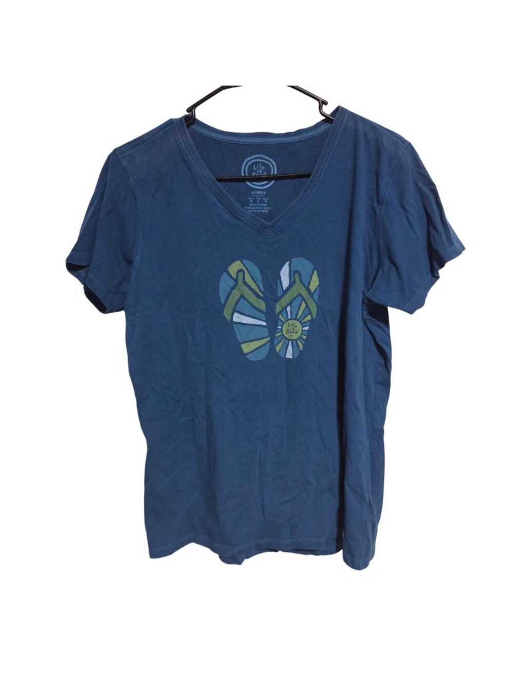 Life Is Good T-Shirt Size Large Flip Flop Graphic Blue V-Neck Short Sleeve